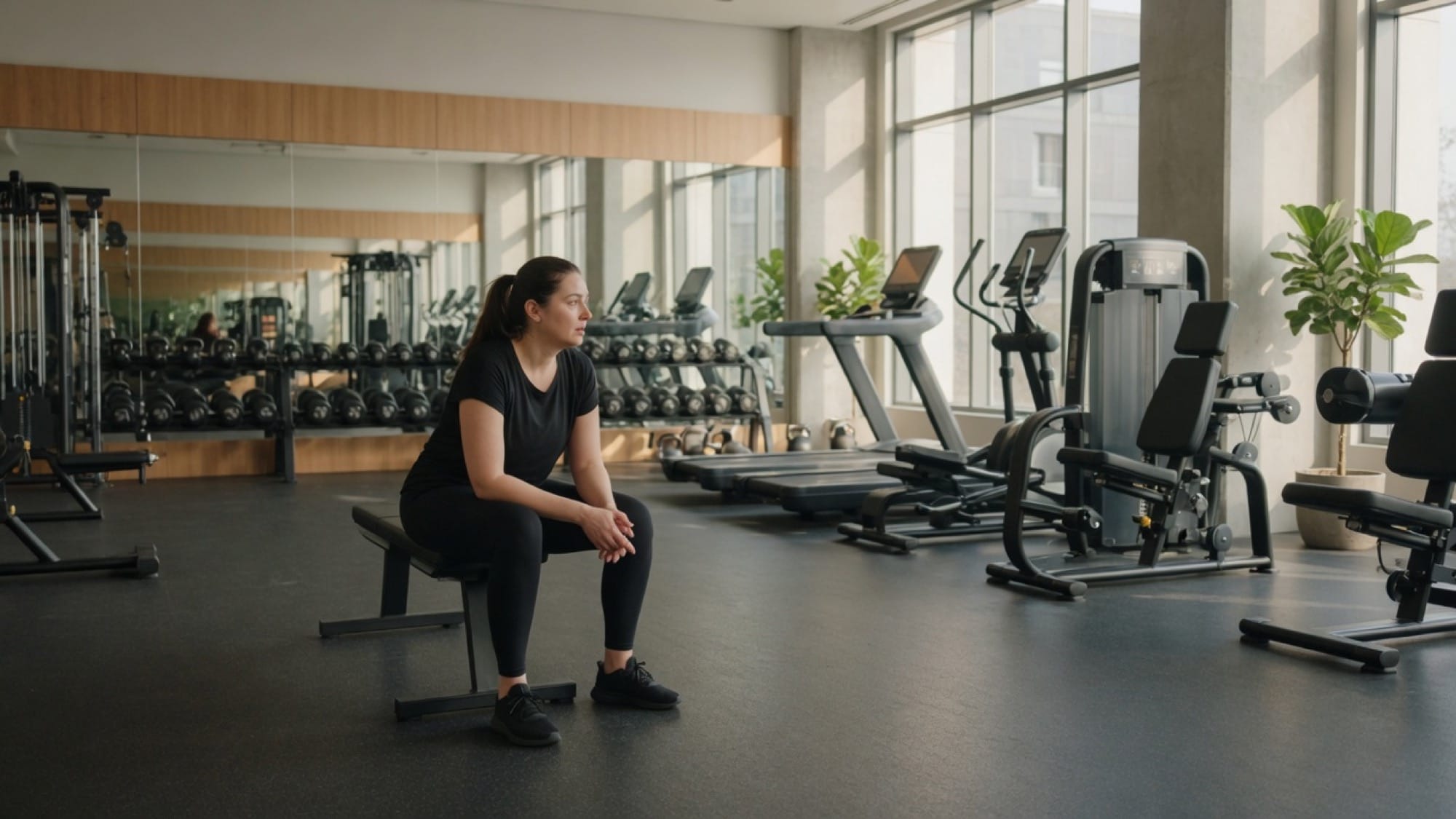Person alone in a gym, unsure where to start